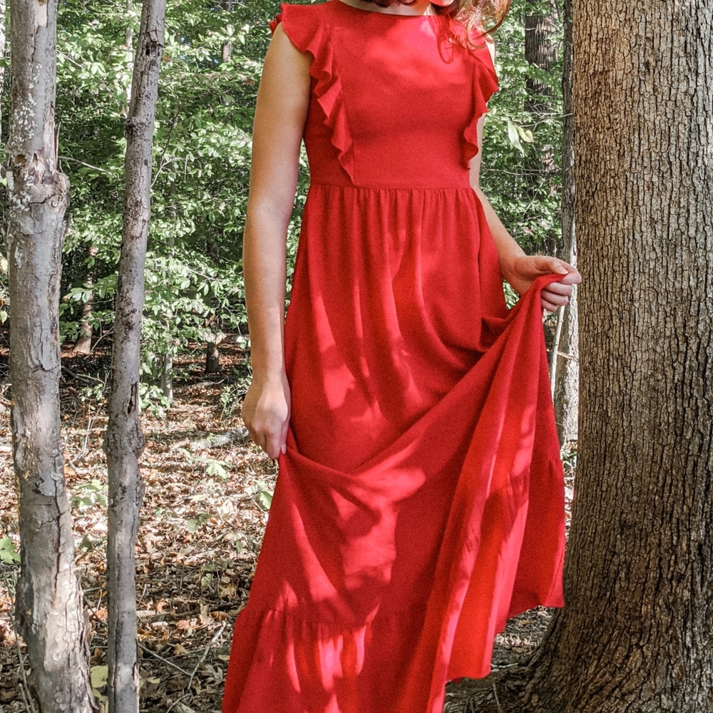Red long maxi dress ruffled